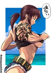 Rule 34 | 1girl, belt, black eyes, black lagoon, black tank top, breasts, brown hair, clothes lift, commentary request, cutoffs, day, denim, denim shorts, from side, green belt, highres, hot, large breasts, lifted by self, low ponytail, medium hair, mimiyama kiichi, muscular, muscular female, no bra, revy (black lagoon), shirt lift, short shorts, shorts, shoulder blades, shoulder tattoo, sideboob, solo, speech bubble, sweat, tank top, tattoo, translated, twitter username, underboob