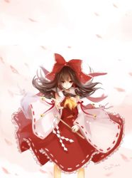Rule 34 | 1girl, ascot, bell, blush, bow, brown eyes, brown hair, clothes lift, cowboy shot, detached sleeves, female focus, gohei, hair bow, hair ribbon, hair tubes, hakurei reimu, highres, issign, japanese clothes, looking at viewer, miko, outstretched hand, petals, reaching, reaching towards viewer, ribbon, smile, solo, touhou, wide sleeves, yellow ascot
