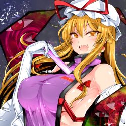 Rule 34 | 1girl, armpits, blonde hair, blush, bow, breasts, closed eyes, commentary request, detached sleeves, elbow gloves, fangs, gap (touhou), gloves, hair between eyes, hair bow, hat, hat ribbon, highres, holding, large breasts, long hair, looking at viewer, mob cap, naked tabard, open mouth, red bow, red ribbon, ribbon, roki (hirokix), sideboob, sidelocks, solo, star (symbol), starry background, tabard, touhou, tsurime, upper body, white gloves, white hat, yakumo yukari, yellow eyes