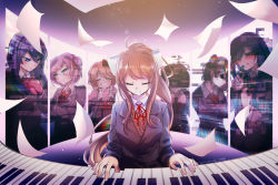Rule 34 | 2018, 4girls, artist name, averting eyes, blazer, blue eyes, blush, bow, breasts, brown hair, closed eyes, closed mouth, collared shirt, commentary, covered eyes, crossed arms, doki doki literature club, english commentary, facing viewer, fingers to cheeks, glitch, green eyes, grey jacket, grin, hair bow, hair ornament, hair over eyes, hairclip, hand on own chest, hands on own chest, hands up, hanged, highres, holding, holding pen, instrument, jacket, long hair, long sleeves, looking at viewer, medium breasts, monika (doki doki literature club), multiple girls, music, natsuki (doki doki literature club), neck ribbon, open mouth, paper, pen, piano, pink eyes, pink hair, playing instrument, playing piano, ponytail, purple eyes, purple hair, red bow, red ribbon, ribbon, sayori (doki doki literature club), school uniform, screen, shaded face, shirt, short hair, sidelocks, signature, sky, smile, solo focus, spoilers, star (sky), starry sky, sweatdrop, upper body, vest, white bow, white ribbon, white shirt, wing collar, xeiv, yuri (doki doki literature club)