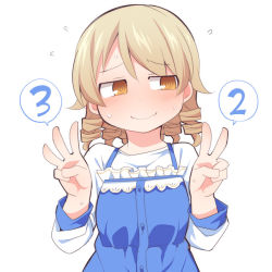 Rule 34 | 1girl, @ @, bad id, bad pixiv id, blue dress, blush, brown eyes, closed mouth, dress, flying sweatdrops, hands up, head tilt, idolmaster, idolmaster cinderella girls, light brown hair, long hair, long sleeves, looking away, looking to the side, morikubo nono, ringlets, shirt, simple background, sleeveless, sleeveless dress, solo, sweat, uccow, upper body, v, w, white background, white shirt