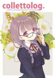 Rule 34 | 1girl, :o, adjusting eyewear, black-framed eyewear, black dress, black jacket, blush, braid, breasts, brown hair, collared shirt, commentary request, dated, dress, fingernails, flower, glasses, grey background, hand up, jacket, long hair, long sleeves, looking at viewer, low twintails, miyoshino, neck ribbon, open clothes, open jacket, original, parted lips, red eyes, red ribbon, ribbon, shirt, small breasts, solo, twin braids, twintails, two-tone background, upper body, white background, white flower, white shirt