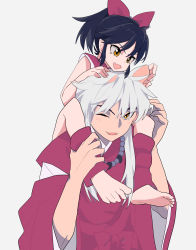 Rule 34 | absurdres, aged down, animal ears, bad id, bad pixiv id, barefoot, bead necklace, beads, black hair, bow, darumao, fangs, father and daughter, hair bow, han&#039;you no yashahime, highres, inuyasha, inuyasha (character), jewelry, moroha (inuyasha), necklace, silver hair, simple background, skin fangs, toeless legwear, wolf ears, yellow eyes