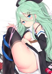 Rule 34 | 1girl, ass, black ribbon, black thighhighs, blue eyes, blush, breasts, commentary request, condom, condom wrapper, detached sleeves, green hair, hair ribbon, highres, kantai collection, long hair, looking at viewer, medium breasts, nipples, panties, panties around leg, pink panties, ribbon, solo, thighhighs, underwear, watanon (gakushokutei), yamakaze (kancolle)