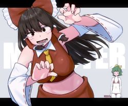 Rule 34 | 2girls, bad id, bad twitter id, between breasts, bikini, black eyes, blush, bow, breasts, brown hair, closed eyes, collared shirt, colored skin, commentary request, cookie (touhou), cowboy shot, crop top, daiyousei, detached sleeves, diyusi (cookie), flat chest, frilled bow, frilled hair tubes, frills, full-face blush, green hair, hair bow, hair tubes, hakurei reimu, holding, large breasts, letterboxed, long hair, looking at viewer, multiple girls, necktie, necktie between breasts, noel (cookie), ohasi, open mouth, ponytail, red bikini, red bow, red shirt, red skirt, ribbon-trimmed sleeves, ribbon trim, shirt, short hair, skirt, sleeveless, sleeveless shirt, swimsuit, touhou, traffic baton, white skin, white sleeves, yellow bow, yellow necktie