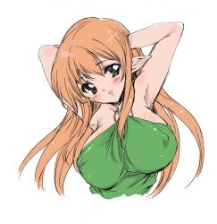 Rule 34 | 00s, 1girl, armpits, arms behind head, arms up, bare shoulders, blonde hair, breasts, cleavage, covered erect nipples, elf, female focus, halterneck, highres, large breasts, long hair, pointy ears, simple background, solo, tiffania westwood, white background, yuiga naoha, zero no tsukaima