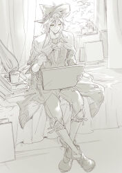 Rule 34 | 1boy, ankle boots, book, book stack, boots, braid, canvas (object), capri pants, caro (granblue fantasy), cloak, collared cloak, crossed ankles, cup, curtains, full body, granblue fantasy, green eyes, greyscale, holding, holding paintbrush, instrument, long hair, lute (instrument), male focus, monochrome, nata (nata0414), paint tube, paintbrush, painting (action), pants, plant, pointy hat, potted plant, single braid, sitting, solo, spot color, sunlight, tunic, window
