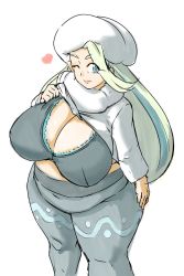 Rule 34 | 1girl, belly, blue eyes, bra, breasts, cleavage, clothes lift, creatures (company), fat, female focus, fur hat, fur scarf, game freak, green hair, gym leader, hand on own hip, hat, heart, huge breasts, long hair, looking at viewer, mature female, melony (pokemon), nintendo, one eye closed, pantyhose, plump, pokemon, pokemon swsh, scarf, shirt lift, simple background, smile, solo, standing, sweater, thick thighs, thighhighs, thighs, underwear, white background, wide hips, wink, winter clothes