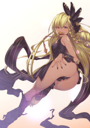 Rule 34 | 1girl, 1other, absurdres, ass, bare shoulders, black dress, black legwear, black nails, black ribbon, blonde hair, blush, braid, breasts, chinese commentary, commentary request, dark-skinned female, dark skin, dress, fingernails, full body, granblue fantasy, hair ribbon, hand on own ass, helel ben shalem, highres, long hair, looking at viewer, mathiamo13, medium breasts, nail polish, pacifier, red eyes, ribbon, simple background, solo, tattoo, very long hair, wrist cuffs