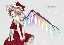 Rule 34 | 1girl, arms behind back, blonde hair, bow, cowboy shot, flandre scarlet, frilled shirt collar, frills, from behind, grey background, grin, hat, hat bow, highres, kamiyama aya, looking at viewer, looking back, mob cap, petticoat, puffy short sleeves, puffy sleeves, red bow, red eyes, red skirt, red vest, short hair, short sleeves, side ponytail, signature, simple background, skirt, smile, solo, standing, touhou, vest, white bow, wings
