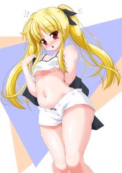 Rule 34 | 1girl, bare shoulders, blonde hair, breasts, crop top, crop top overhang, fate testarossa, highres, long hair, looking at viewer, lyrical nanoha, mahou shoujo lyrical nanoha, midriff, misril, navel, open fly, red eyes, shiny skin, short shorts, shorts, sleeveless, small breasts, solo, standing, thighs, twintails, underboob, white shorts