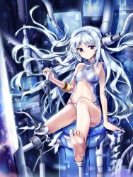 Rule 34 | 1girl, android, barefoot, cable, feet, hair intakes, highres, long hair, looking at viewer, machinery, missing limb, navel, original, purple eyes, silver hair, sitting, soles, solo, songmil