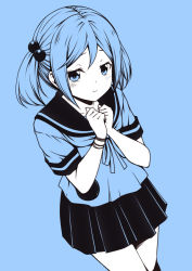 Rule 34 | 10s, 1girl, blue theme, blush, bracelet, closed mouth, collarbone, hair bobbles, hair ornament, jewelry, kantai collection, kneehighs, kouji (campus life), looking at viewer, monochrome, own hands together, pleated skirt, ribbon, sazanami (kancolle), school uniform, serafuku, short hair, short twintails, skirt, sleeve cuffs, socks, solo, standing, tareme, twintails, w arms