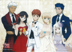 Rule 34 | 3boys, 3girls, ahoge, alcohol, alternate costume, alternate hairstyle, archer (fate), artoria pendragon (all), artoria pendragon (fate), bare shoulders, black hair, blonde hair, blue eyes, blue hair, bow, bowtie, brown eyes, cocktail, command spell, cu chulainn (fate), cu chulainn (fate/stay night), dark-skinned male, dark skin, dress, drink, emiya shirou, fate/stay night, fate (series), flower, formal, glass, green eyes, grin, hair down, hair flower, hair ornament, hand on own hip, illyasviel von einzbern, jewelry, long hair, looking at viewer, multiple boys, multiple girls, necklace, necktie, official art, one eye closed, ponytail, red dress, red eyes, red hair, rose, saber (fate), scan, scan artifacts, short hair, sleeveless, sleeveless dress, smile, strapless, strapless dress, suit, tohsaka rin, traditional bowtie, white dress, white hair, wink