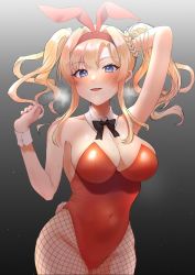 Rule 34 | 1girl, animal ears, black background, black bow, black bowtie, blonde hair, blue eyes, bow, bowtie, braid, breasts, breath, cleavage, covered navel, cowboy shot, detached collar, fake animal ears, fishnet pantyhose, fishnets, gradient background, granblue fantasy, grey background, highres, large breasts, leotard, long hair, looking at viewer, pantyhose, playboy bunny, rabbit ears, rabbit tail, red leotard, solo, strapless, strapless leotard, tail, takio (kani sama), twintails, wrist cuffs, zeta (granblue fantasy)