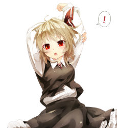 Rule 34 | !, 1girl, arms up, blonde hair, breasts, d:, dress shirt, gorilla (bun0615), hair ribbon, highres, long hair, looking at viewer, necktie, open mouth, red eyes, ribbon, rumia, shirt, short hair, simple background, skirt, solo, spoken exclamation mark, stretching, touhou, vest