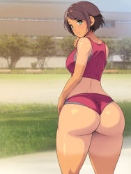 Rule 34 | 1girl, ass, bare arms, bare shoulders, breasts, brown hair, building, buruma, dimples of venus, eyebrows hidden by hair, feet out of frame, female focus, from behind, grass, green eyes, groin, hand up, highres, large breasts, legs, looking at viewer, looking back, midriff, original, outdoors, parted lips, short hair, sleeveless, solo, sports bra, standing, tan, tanline, thighs, tree, yoko juusuke