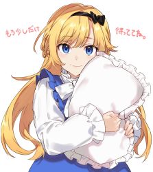 Rule 34 | 1girl, arisaka ako, bestia, black bow, blonde hair, blue dress, blue eyes, bow, braid, closed mouth, commentary request, dress, french braid, frilled dress, frilled pillow, frilled shirt, frills, hairband, long hair, long sleeves, looking at viewer, hugging object, pillow, pillow hug, shirt, sidelocks, simple background, smile, solo, translation request, undershirt, upper body, white background, white shirt