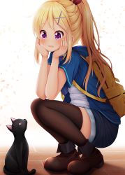 Rule 34 | 1girl, backpack, bag, black cat, black thighhighs, blouse, blush, bow, brown footwear, brown thighhighs, cat, full body, hair bow, hair ornament, hands on own cheeks, hands on own face, heart, heart-shaped pupils, highres, kin-iro mosaic, kujou karen, long hair, looking at animal, minato ojitan, open mouth, outdoors, purple eyes, red bow, shirt, short shorts, shorts, solo, squatting, symbol-shaped pupils, thighhighs, thighs, very long hair, white shirt, x hair ornament, zettai ryouiki
