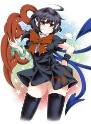 Rule 34 | 1girl, ahoge, asymmetrical wings, black dress, black hair, black thighhighs, blue wings, bow, bowtie, breasts, brown eyes, buttons, center frills, closed mouth, commentary request, contrapposto, cowboy shot, dress, frilled dress, frills, hand on own hip, houjuu nue, looking at viewer, medium breasts, medium hair, panties, pantyshot, pointy ears, red bow, red bowtie, red wings, sato (hekiga ni nemuru), short dress, short sleeves, smile, snake, solo, standing, thighhighs, tomoe (symbol), touhou, underwear, white panties, wings, wristband