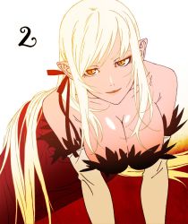Rule 34 | 10s, 1girl, all fours, bad id, bad twitter id, bare shoulders, blonde hair, breasts, cleavage, countdown, elbow gloves, female focus, gloves, hair ribbon, inactive account, kiss-shot acerola-orion heart-under-blade, kizumonogatari, large breasts, long hair, looking at viewer, monogatari (series), oshino shinobu, pointy ears, ribbon, simple background, smile, solo, very long hair, yellow eyes