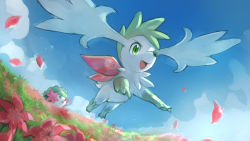 Rule 34 | animal focus, artist name, blue sky, cloud, creatures (company), day, day walker1117, dutch angle, english text, field, flower, flower field, game freak, gen 4 pokemon, grass, green eyes, green hair, happy, head wings, highres, jumping, legendary pokemon, mythical pokemon, nintendo, no humans, one-hour drawing challenge, open mouth, outdoors, petals, pink flower, pokemon, pokemon (creature), shaymin, shaymin (land), shaymin (sky), short hair, signature, sky, smile, solo focus, sparkle, wings
