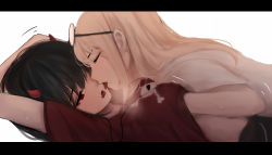 Rule 34 | 2girls, arms up, black-framed eyewear, black hair, black shorts, blush, demon horns, closed eyes, eyewear on head, french kiss, girl on top, glasses, hand under clothes, hand under shirt, heavy breathing, highres, horns, kiss, letterboxed, lying, multiple girls, nose blush, on back, original, profile, red eyes, red shirt, saliva, saliva trail, shimmer, shirt, short shorts, short sleeves, shorts, simple background, skull and crossbones, sweat, tongue, tongue out, white background, white shirt, yuri