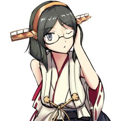 Rule 34 | 10s, 1girl, bare shoulders, black hair, breasts, detached sleeves, glasses, grey eyes, hairband, hakama, hakama short skirt, hakama skirt, hand in own hair, harumaki (makey01), headgear, japanese clothes, kantai collection, kirishima (kancolle), large breasts, leaning forward, looking at viewer, nontraditional miko, one eye closed, pleated skirt, ribbon-trimmed sleeves, ribbon trim, short hair, simple background, sketch, skirt, solo, upper body, white background