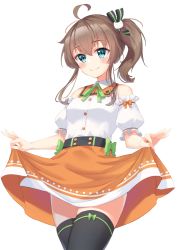 Rule 34 | 1girl, belt, black thighhighs, blue eyes, blush, bow, brown hair, buttons, cat hair ornament, closed mouth, clothes lift, collared shirt, commentary request, cowboy shot, detached sleeves, green bow, green ribbon, hair ornament, hair ribbon, head tilt, highres, hololive, medium hair, natsuiro matsuri, neck ribbon, orange skirt, puffy short sleeves, puffy sleeves, ribbon, shirt, short hair, short sleeves, side ponytail, sidelocks, simple background, skirt, skirt lift, smile, solo, starkamisan, thighhighs, virtual youtuber, white background, white shirt