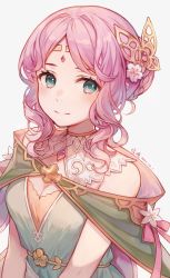 Rule 34 | 1girl, ayuanlv, blue eyes, butterfly hair ornament, circlet, granblue fantasy, hair ornament, lennah, looking at viewer, parted bangs, pink hair, short hair, smile, solo, upper body, white background
