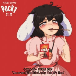Rule 34 | 1990s (style), 1girl, animal ears, black hair, blush, box, carrot necklace, commentary, cowboy shot, dress, english commentary, english text, flat chest, floppy ears, food in mouth, frilled sleeves, frills, hair between eyes, highres, holding, holding box, inaba tewi, index finger raised, jewelry, looking at viewer, medium bangs, medium hair, necklace, nose blush, open mouth, pink dress, pocky, pocky day, pocky in mouth, puffy short sleeves, puffy sleeves, rabbit ears, rabbit girl, rabbit tail, red background, red sash, retro artstyle, sash, short sleeves, simple background, smile, solo, step arts, subtitled, tail, touhou