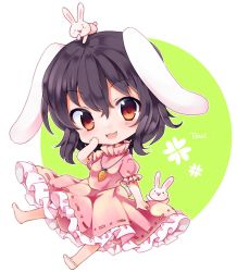 Rule 34 | 1girl, :d, animal, animal ears, animal on head, bad id, bad pixiv id, barefoot, black hair, blush, carrot, carrot necklace, character name, chibi, dress, frilled dress, frills, full body, hand on own cheek, hand on own face, inaba tewi, jewelry, looking at viewer, necklace, on head, open mouth, pink dress, puffy short sleeves, puffy sleeves, rabbit, rabbit ears, rabbit girl, rabbit tail, red eyes, ribbon-trimmed clothes, ribbon trim, short sleeves, simple background, smile, solo, tail, touhou, yukimiya (parupunta)