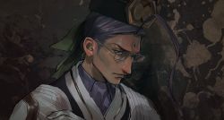 Rule 34 | 1boy, ahoge, brown background, chen gong (fate), chinese clothes, chinese hat, dark-skinned male, dark skin, facial mark, fate/grand order, fate (series), forehead mark, frown, glasses, grey-framed eyewear, hat, highres, long hair, looking down, male focus, noka (noka8103), purple eyes, purple hair, smile, solo, upper body
