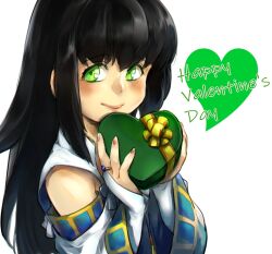 Rule 34 | 1girl, black hair, box, bridal gauntlets, closed mouth, detached sleeves, gensou suikoden, green eyes, happy valentine, heart-shaped box, ikunosake, jewelry, long hair, long sleeves, looking at viewer, necklace, simple background, smile, solo, valentine, viki (suikoden), white background