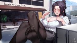 Rule 34 | 1girl, black hair, blush, breasts, cleavage, crossed legs, feet, highres, large breasts, long hair, looking at viewer, miniskirt, office lady, parted lips, ponytail, sitting, skirt, soles, toes, yellow eyes