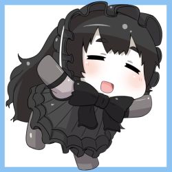 Rule 34 | 10s, 1girl, abyssal ship, black dress, black hair, chibi, closed eyes, colored skin, dress, gothic lolita, isolated island oni, kantai collection, lolita fashion, long hair, open mouth, pale skin, pantyhose, puchimasu!, simple background, smile, solo, white background, white skin, yuureidoushi (yuurei6214)
