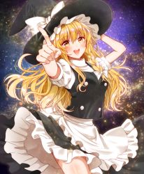 Rule 34 | 1girl, apron, black hat, black skirt, black vest, blonde hair, blush, bow, braid, commentary request, cowboy shot, hair bow, hand on headwear, hand up, hat, hat bow, kirisame marisa, long hair, looking at viewer, okawa friend, open mouth, pointing, pointing at viewer, shirt, short sleeves, single braid, skirt, smile, solo, star (sky), star (symbol), starry background, teeth, touhou, upper teeth only, vest, waist apron, white bow, white shirt, witch hat, yellow eyes