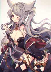 Rule 34 | 1girl, animal ears, bad id, bad pixiv id, bare shoulders, black thighhighs, blush, braid, braided bangs, breasts, brown eyes, choker, chromatic aberration, cleavage, collarbone, erune, fraux, granblue fantasy, grey background, hand in own hair, hand up, highres, homaderi, long hair, long sleeves, looking at viewer, medium breasts, one eye closed, silver hair, simple background, smile, solo, swept bangs, thighhighs, twintails
