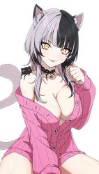 Rule 34 | 1girl, absurdres, animal ear fluff, animal ears, black choker, black hair, breasts, cat ears, cat girl, cat tail, choker, cleavage, commentary, daydarion, dog ears, dog tail, english commentary, grey hair, highres, hololive, hololive english, kemonomimi mode, lace-trimmed choker, lace trim, large breasts, long hair, looking at viewer, multicolored hair, open mouth, paw pose, pink shirt, shiori novella, shirt, smile, solo, split-color hair, tail, tongue, tongue out, unbuttoned, unbuttoned shirt, virtual youtuber, white hair, yellow eyes, yorick (shiori novella)