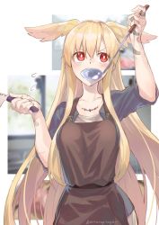 Rule 34 | 1girl, apron, bandaid, blonde hair, bright pupils, cooking, fate/grand order, fate (series), hair between eyes, head wings, highres, injury, jewelry, kitchen knife, ladle, long hair, mitsurugi sugar, necklace, red eyes, sleeves rolled up, tasting, thrud (fate), twitter username, valkyrie (fate), very long hair, white pupils, wings