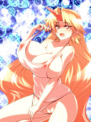 Rule 34 | 1girl, blonde hair, breasts, camisole, cleft of venus, female focus, horns, hoshiguma yuugi, huge breasts, lingerie, long hair, naughty face, one-piece swimsuit, panties, pointy ears, pussy, red eyes, ria (rilpoppo), single horn, solo, swimsuit, touhou, tro (trombe), uncensored, underwear, very long hair, white one-piece swimsuit, white panties
