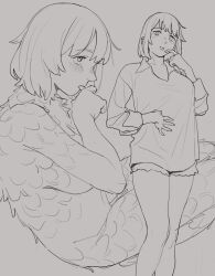 Rule 34 | 1girl, dungeon meshi, falin touden, falin touden (chimera), feathers, feet out of frame, grey background, greyscale, hand on own stomach, highres, licking, licking finger, light blush, medium hair, monochrome, nude, shirt, spoilers, tongue, tongue out, toxic (toxicv), underwear