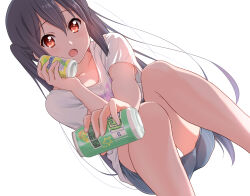 Rule 34 | 1girl, black hair, blue skirt, blush, brown eyes, can, collarbone, commentary request, dresstrip, drink, drink can, dutch angle, hair between eyes, holding, holding can, holding drink, k-on!, long hair, looking at viewer, miniskirt, nakano azusa, open mouth, panties, pantyshot, revision, shirt, simple background, skirt, soda can, solo, thighs, twintails, underwear, upskirt, white background, white panties, white shirt