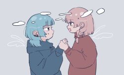 Rule 34 | 2girls, :d, :|, air bubble, black eyes, blue hair, blue hoodie, blunt bangs, blush, braid, bubble, closed mouth, commentary, drawn wings, drawstring, earclip, expressionless, eye contact, face-to-face, from side, grey background, highres, holding hands, hood, hood down, hoodie, long sleeves, looking at another, multiple girls, open mouth, original, pink hair, red sweater, side braid, simple background, smile, sskitaco, sweater, upper body, yuri