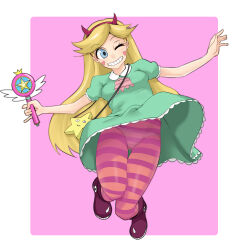 Rule 34 | 1girl, asha, blonde hair, blue eyes, breasts, collared dress, commentary request, dress, fake horns, frilled dress, frills, full body, green dress, grin, hairband, heart stickers, highres, holding, holding wand, horns, long hair, looking at viewer, medium bangs, one eye closed, panties, panties under pantyhose, pantyhose, pink background, pink pantyhose, red hairband, red horns, simple background, small breasts, smile, solo, star (symbol), star butterfly, star vs the forces of evil, sticker on face, striped clothes, striped pantyhose, swept bangs, two-tone background, underwear, wand, white background