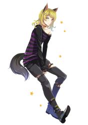 Rule 34 | 1boy, androgynous, animal ears, belt, blonde hair, boots, choker, episode, full body, hair ornament, hairpin, highres, looking at viewer, male focus, monogatari (series), shirayurine, simple background, smile, solo, star (symbol), striped, tail, white background, wolf ears, wolf tail, yellow eyes
