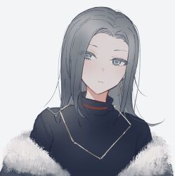 Rule 34 | 1girl, bad id, bad twitter id, bang dream!, black sweater, fur trim, grey background, grey eyes, grey hair, highres, jewelry, long hair, looking at viewer, necklace, off shoulder, parted lips, shiontaso, simple background, solo, sweater, upper body, wakana rei