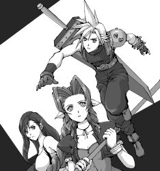 Rule 34 | 1boy, 2girls, aerith gainsborough, armor, arms behind back, asymmetrical bangs, baggy pants, belt, black hair, boots, bracelet, braid, breasts, buster sword, choker, cloud strife, collarbone, cropped jacket, curly hair, dress, earrings, elbow pads, final fantasy, final fantasy vii, final fantasy vii remake, garakuta (chika), gloves, greyscale, jewelry, large breasts, long dress, long hair, monochrome, multiple girls, necklace, pants, popo (popochan-f), ribbon, shoulder armor, simple background, skirt, spiked hair, square enix, staff, suspenders, tifa lockhart, turtleneck