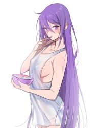 Rule 34 | 1girl, alternate breast size, alternate hairstyle, bad id, bad twitter id, blush, breasts, cereal, eating, eltnum, hair down, highres, long hair, melty blood, no bra, no legwear, purple eyes, purple hair, simple background, sion eltnam atlasia, solo, tank top, tsukihime, tusia, under night in-birth, vampire, very long hair, white background