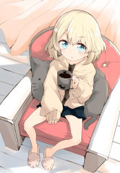 Rule 34 | 1girl, :o, armchair, barashiya, black shirt, black shorts, blonde hair, blue eyes, casual, cat-shaped pillow, cat slippers, chair, coffee, coffee mug, commentary, cup, girls und panzer, highres, holding, holding cup, indoors, jacket, katyusha (girls und panzer), looking at viewer, mug, no socks, parted lips, pillow, shirt, short hair, short shorts, shorts, sleeves past wrists, slippers, solo, wooden floor, yellow jacket